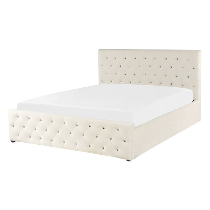 Letto singolo in velluto beige con rete e mobili per camera da letto 140 x 200 cm con testiera doppia trapuntata