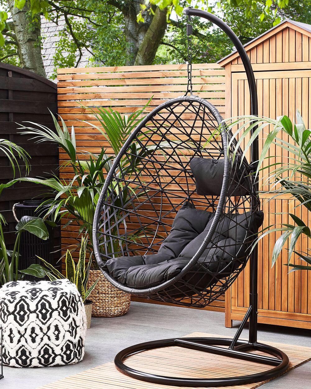 Sedia sospesa poltrona pensile in rattan sintetico con supporto Nero altalena a forma di uovo in vimini rustico Boho
