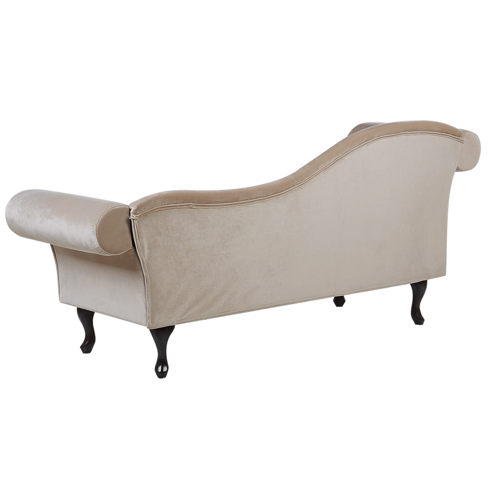Chaise longue Beige Velluto Bottone Tappezzeria Trapuntata Braccioli Arrotolati versione sinistra con Cuscino