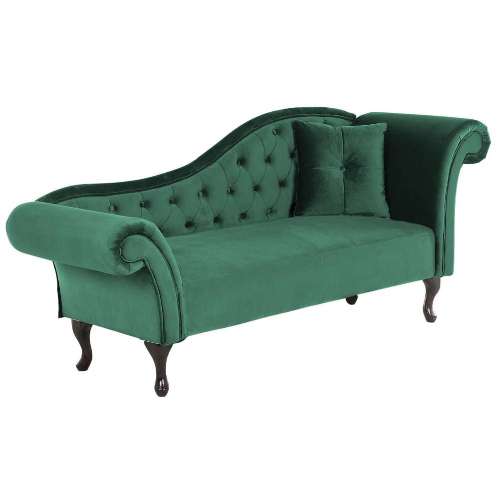 Chaise longue Velluto Verde Scuro Bottone trapuntato Tappezzeria versione destra con Cuscino