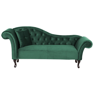 Chaise longue in Velluto Verde Scuro Bottone capitonné Tappezzeria versione sinistra con Cuscino