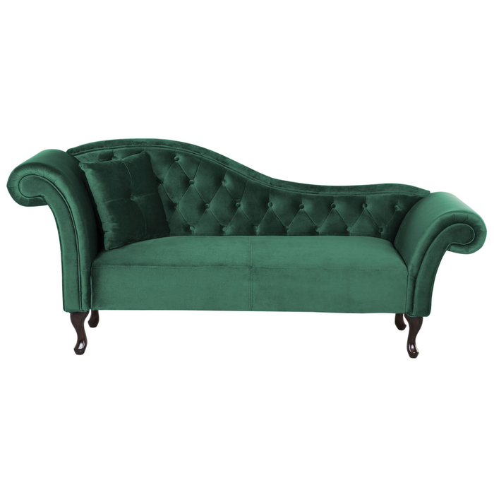 Chaise longue in Velluto Verde Scuro Bottone capitonné Tappezzeria versione sinistra con Cuscino