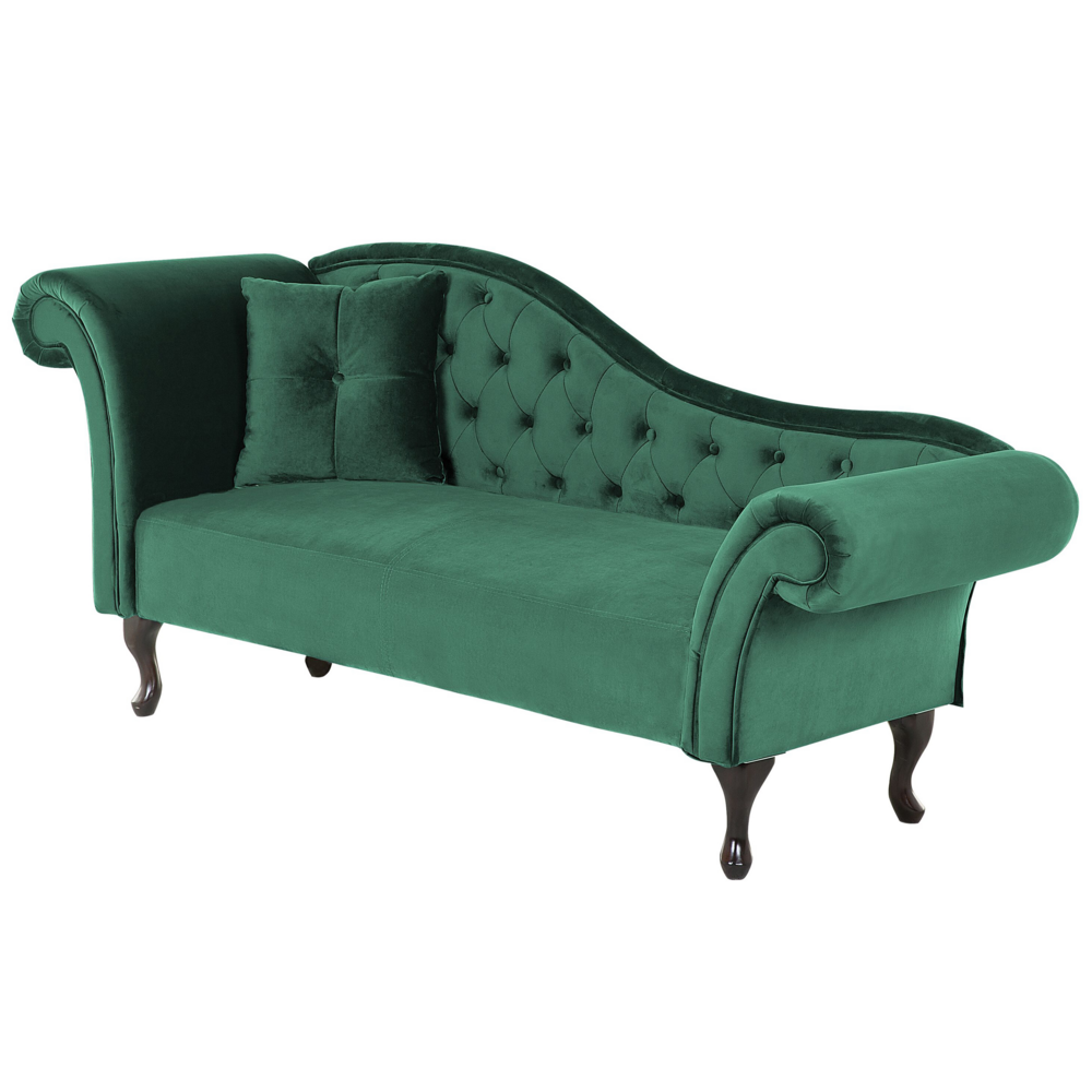 Chaise longue in Velluto Verde Scuro Bottone capitonné Tappezzeria versione sinistra con Cuscino