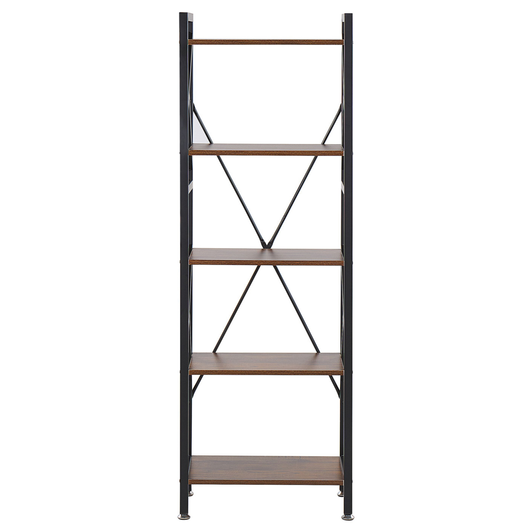 Libreria Legno Scuro Metallo Nero Struttura Acciaio 5 Ripiani Schienale Aperto Piedini Regolabili Industriali