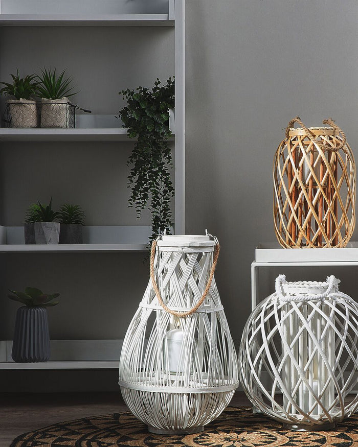Lanterna bianca in legno di bambù e vetro 75 cm per interni ed esterni scandinavi