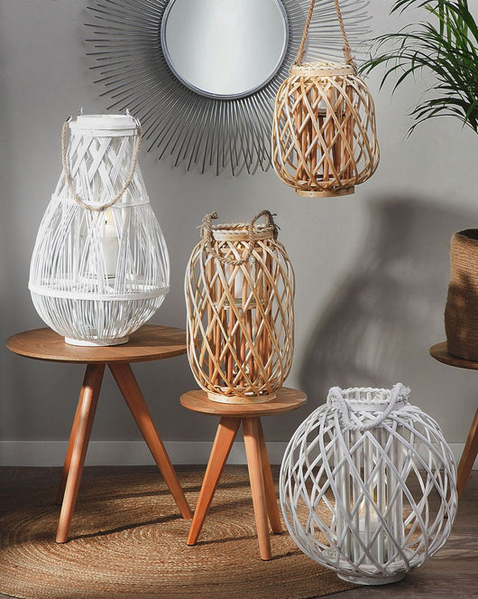 Lanterna bianca in legno di bambù e vetro 56 cm per interni ed esterni scandinavi