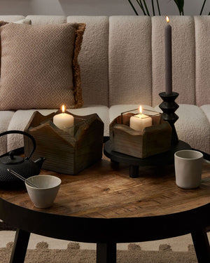 Set di 2 portacandele in legno scuro effetto anticato fatto a mano naturale rustico