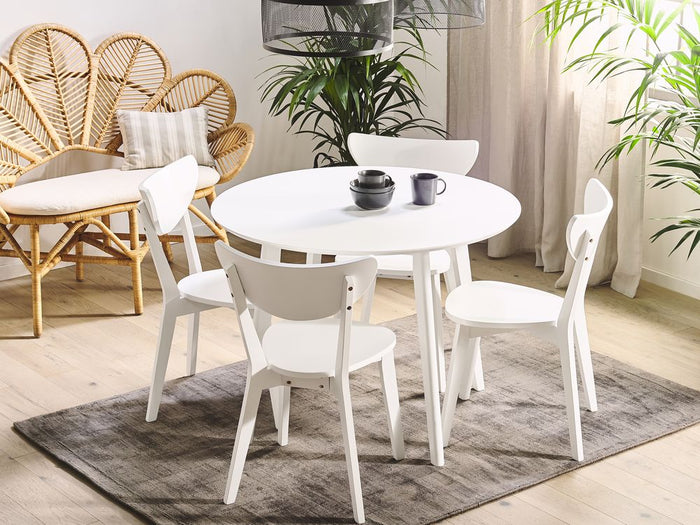 Set da pranzo Tavolo rotondo in MDF bianco e 4 sedie per cucina da pranzo con gambe in legno in stile scandinavo