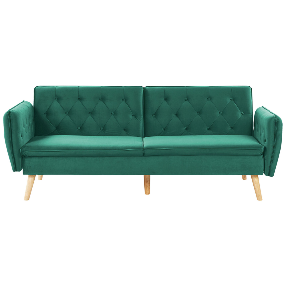 Divano letto trasformabile imbottito in velluto verde scuro con schienale abbottonato dal design moderno