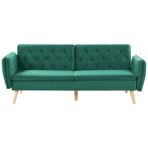 Divano letto trasformabile imbottito in velluto verde scuro con schienale abbottonato dal design moderno