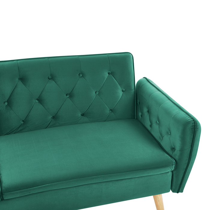 Divano letto trasformabile imbottito in velluto verde scuro con schienale abbottonato dal design moderno