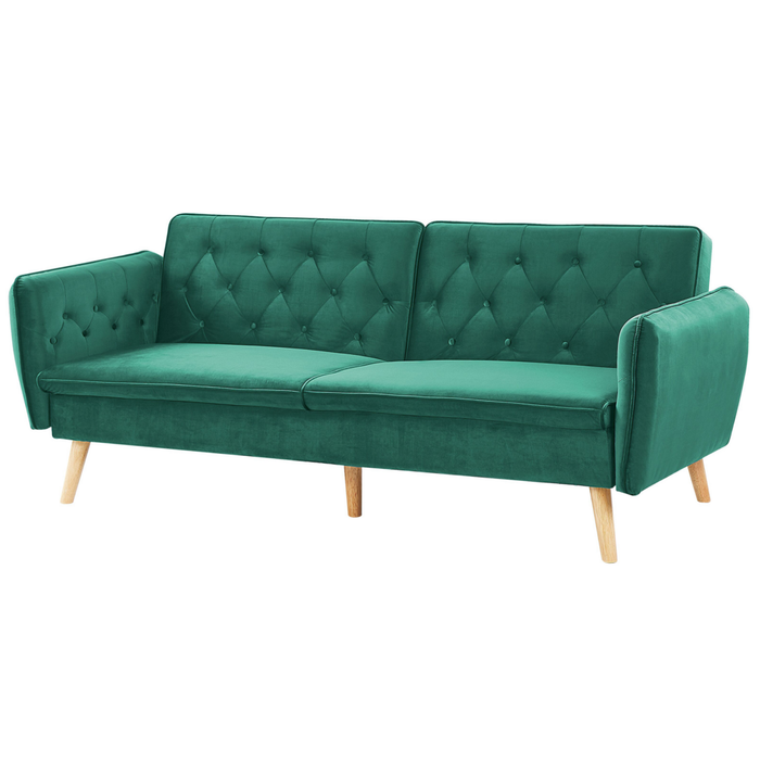 Divano letto trasformabile imbottito in velluto verde scuro con schienale abbottonato dal design moderno