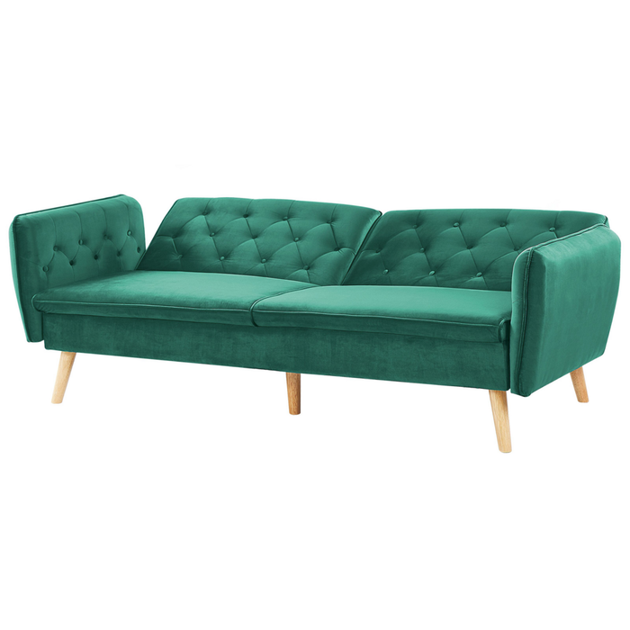 Divano letto trasformabile imbottito in velluto verde scuro con schienale abbottonato dal design moderno