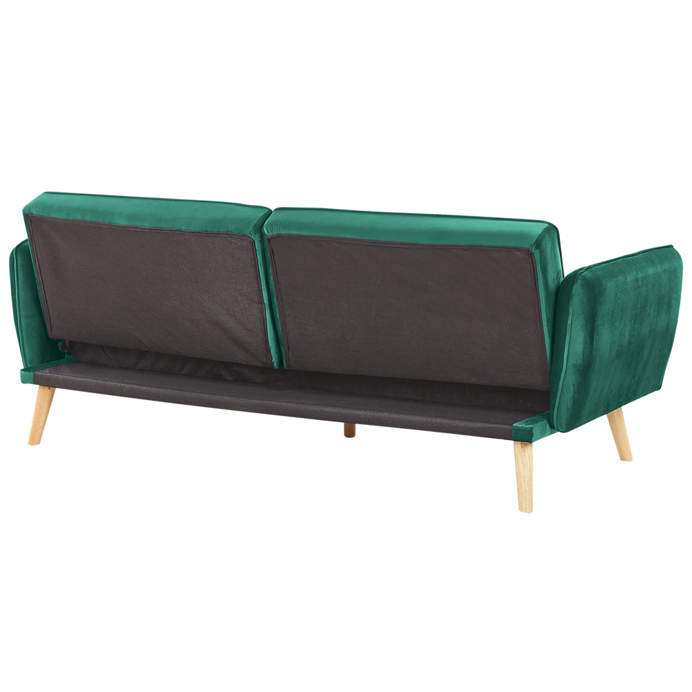 Divano letto trasformabile imbottito in velluto verde scuro con schienale abbottonato dal design moderno