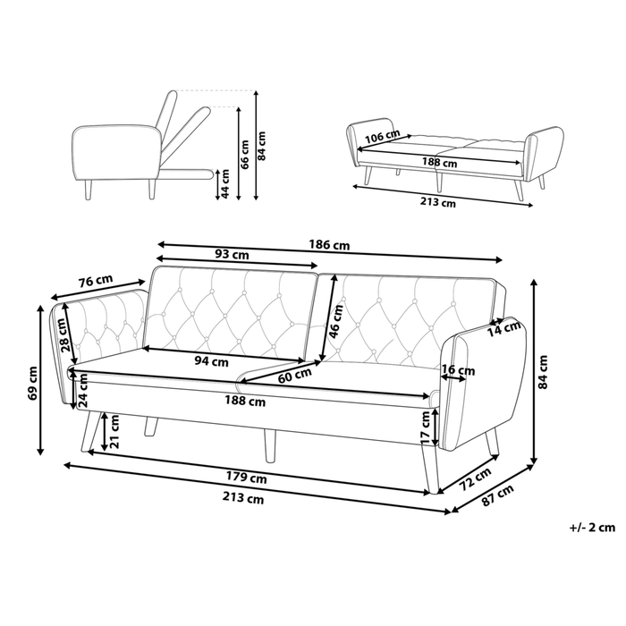 Divano letto trasformabile imbottito in velluto verde scuro con schienale abbottonato dal design moderno