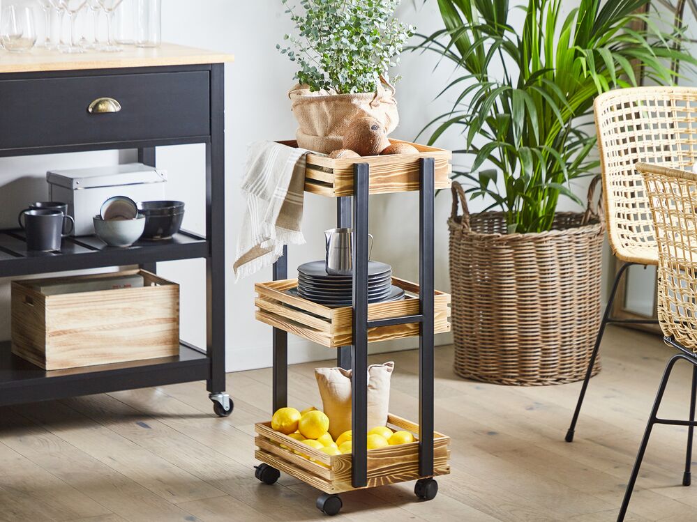 Carrello da cucina in legno chiaro con ferro Nero in paulonia ruote girevoli a 3 livelli bagno sala da pranzo