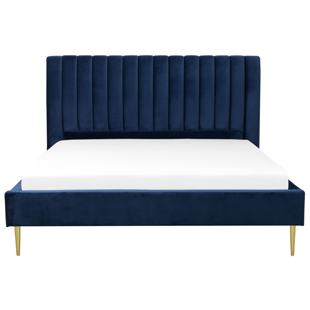 Letto imbottito velluto blu scuro e oro rete a doghe testiera alta 180 x 200 cm testata alta design retrò