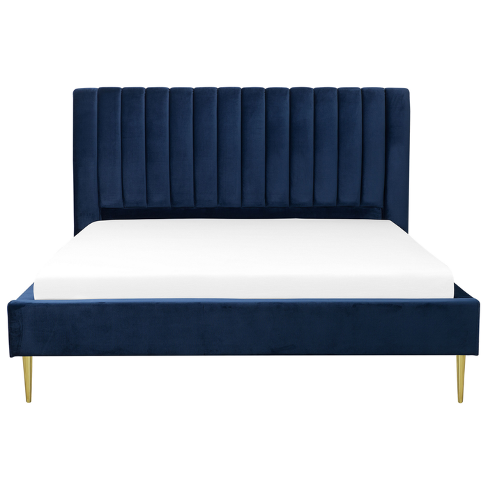 Letto imbottito velluto blu scuro e oro rete a doghe testiera alta 180 x 200 cm testata alta design retrò