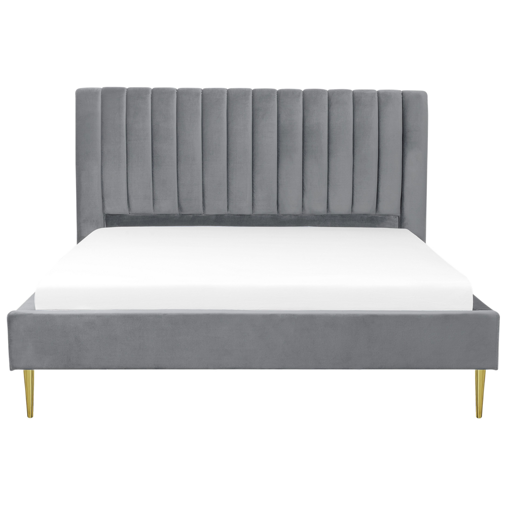 Letto imbottito velluto grigio e oro rete a doghe testiera alta 180 x 200 cm testata alta design retrò