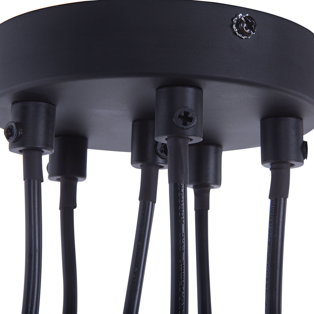 Cluster Lampada a Sospensione Metallo Nero e Legno Chiaro 6 Luci Forma Campana Moderna