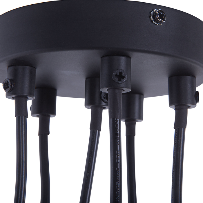 Cluster Lampada a Sospensione Metallo Nero e Legno Chiaro 6 Luci Forma Campana Moderna