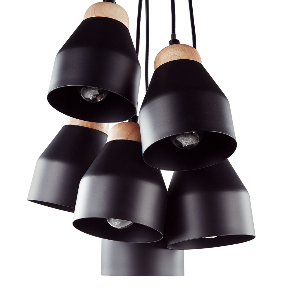 Cluster Lampada a Sospensione Metallo Nero e Legno Chiaro 6 Luci Forma Campana Moderna