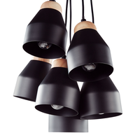 Cluster Lampada a Sospensione Metallo Nero e Legno Chiaro 6 Luci Forma Campana Moderna