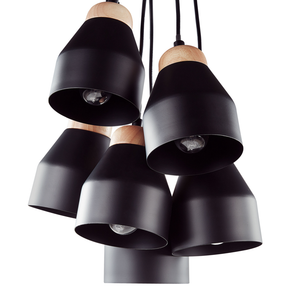 Cluster Lampada a Sospensione Metallo Nero e Legno Chiaro 6 Luci Forma Campana Moderna