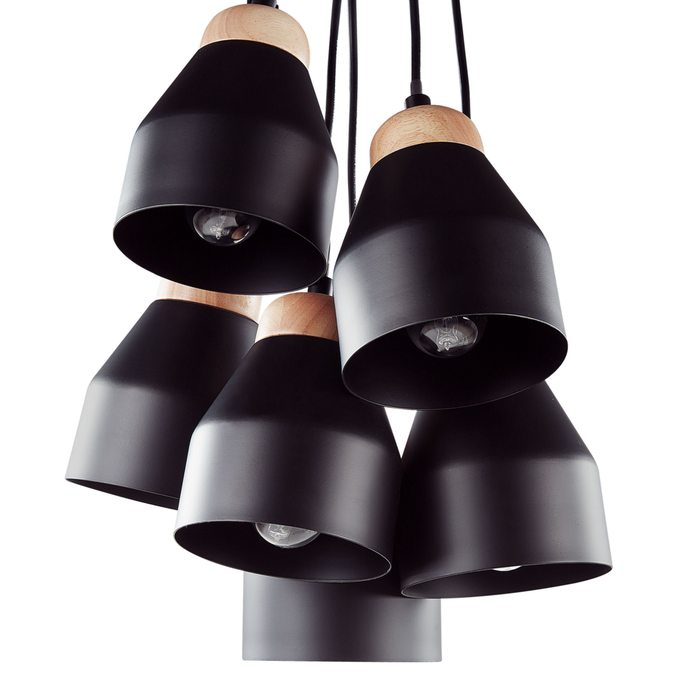 Cluster Lampada a Sospensione Metallo Nero e Legno Chiaro 6 Luci Forma Campana Moderna