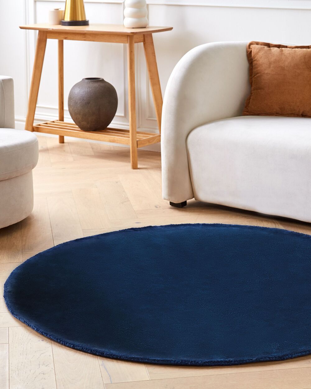 Tappeto Blu Navy Viscosa Rotondo 140 cm Trapuntato a Mano pelo corto Moderno