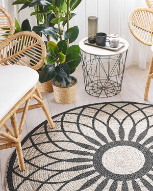 Tappeto tappetino Beige Nero Rotondo 140 cm Boho Mandala Rustico Juta