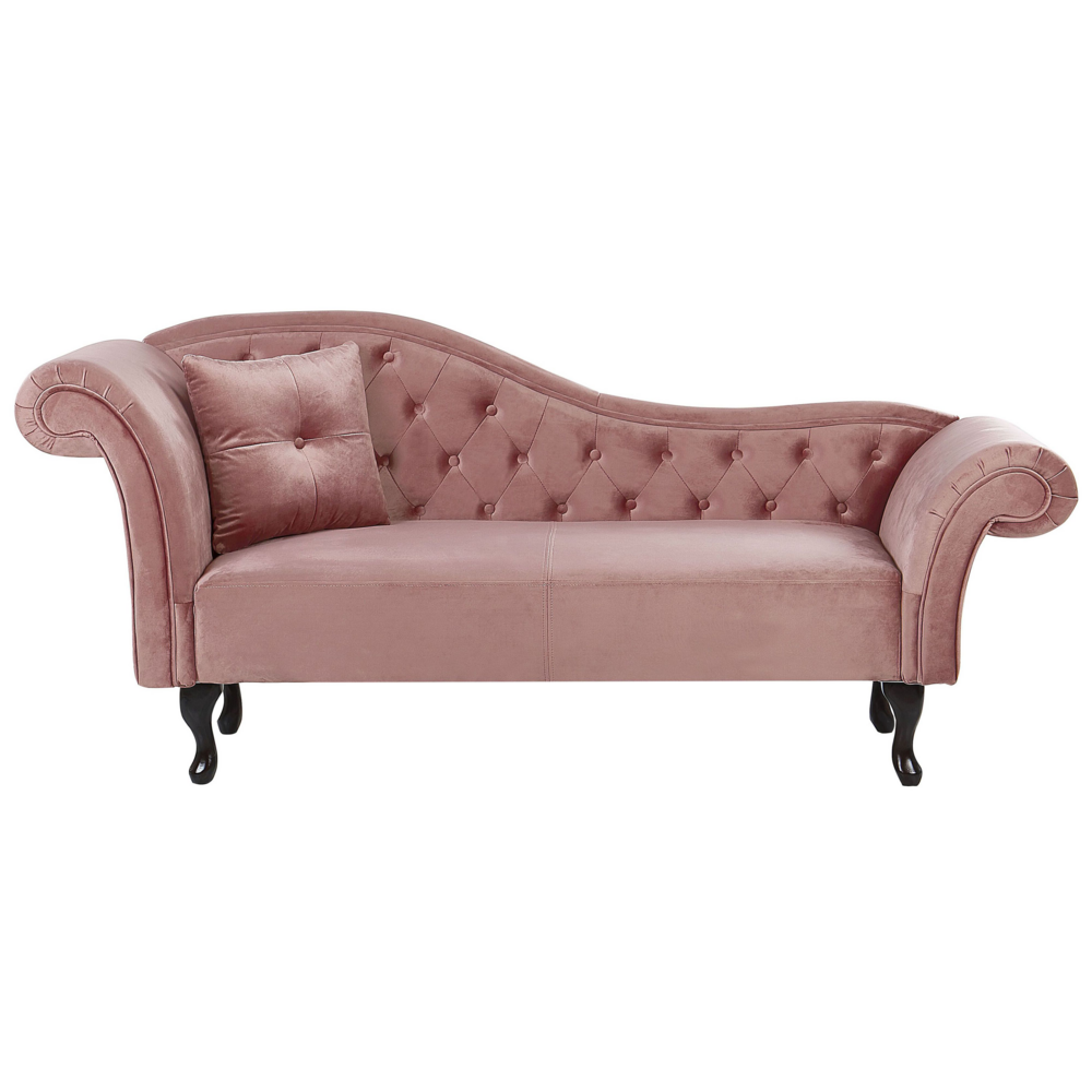 Chaise longue in Velluto Rosa Scuro con Bottoni e Rivestimento Trapuntato versione sinistra con Cuscino