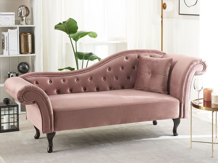 Chaise longue in Velluto Rosa Scuro con Bottoni e Tappezzeria Trapuntata versione destra con Cuscino