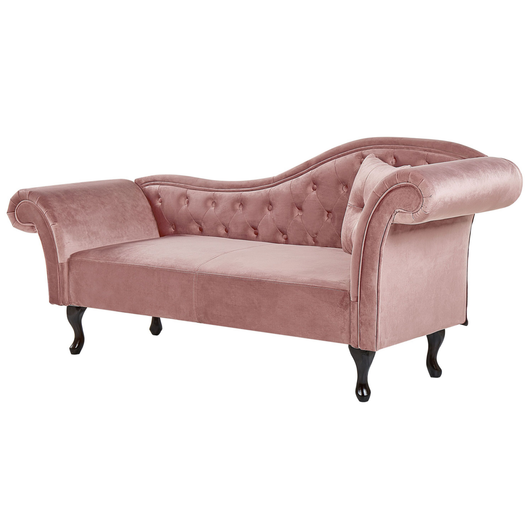Chaise longue in Velluto Rosa Scuro con Bottoni e Tappezzeria Trapuntata versione destra con Cuscino