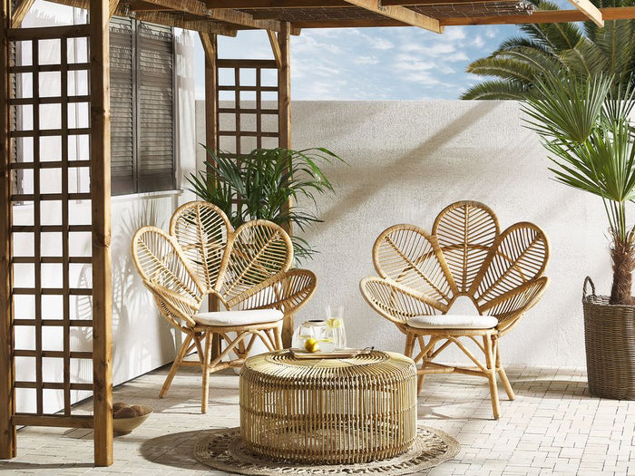 Set bistrot in rattan beige 2 sedie 1 tavolino da caffè per esterni interni cuscini cotone boho rustico