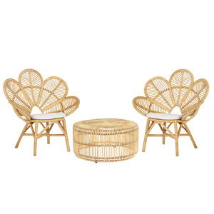 Set bistrot in rattan beige 2 sedie 1 tavolino da caffè per esterni interni cuscini cotone boho rustico