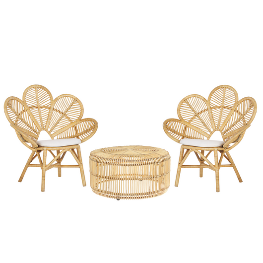 Set bistrot in rattan beige 2 sedie 1 tavolino da caffè per esterni interni cuscini cotone boho rustico
