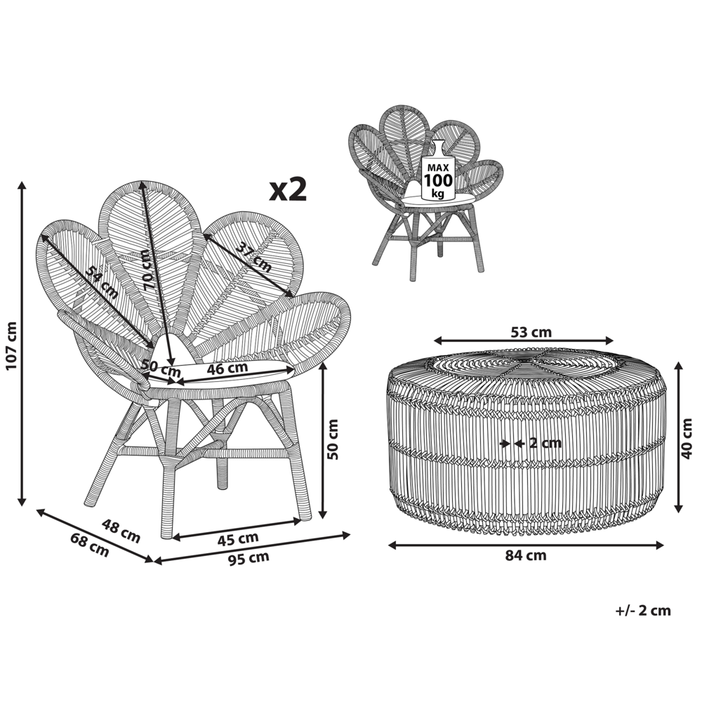 Set bistrot in rattan beige 2 sedie 1 tavolino da caffè per esterni interni cuscini cotone boho rustico