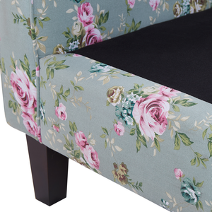 Poltrona con poggiapiedi in tessuto motivo floreale verde gambe in legno stile Wingback