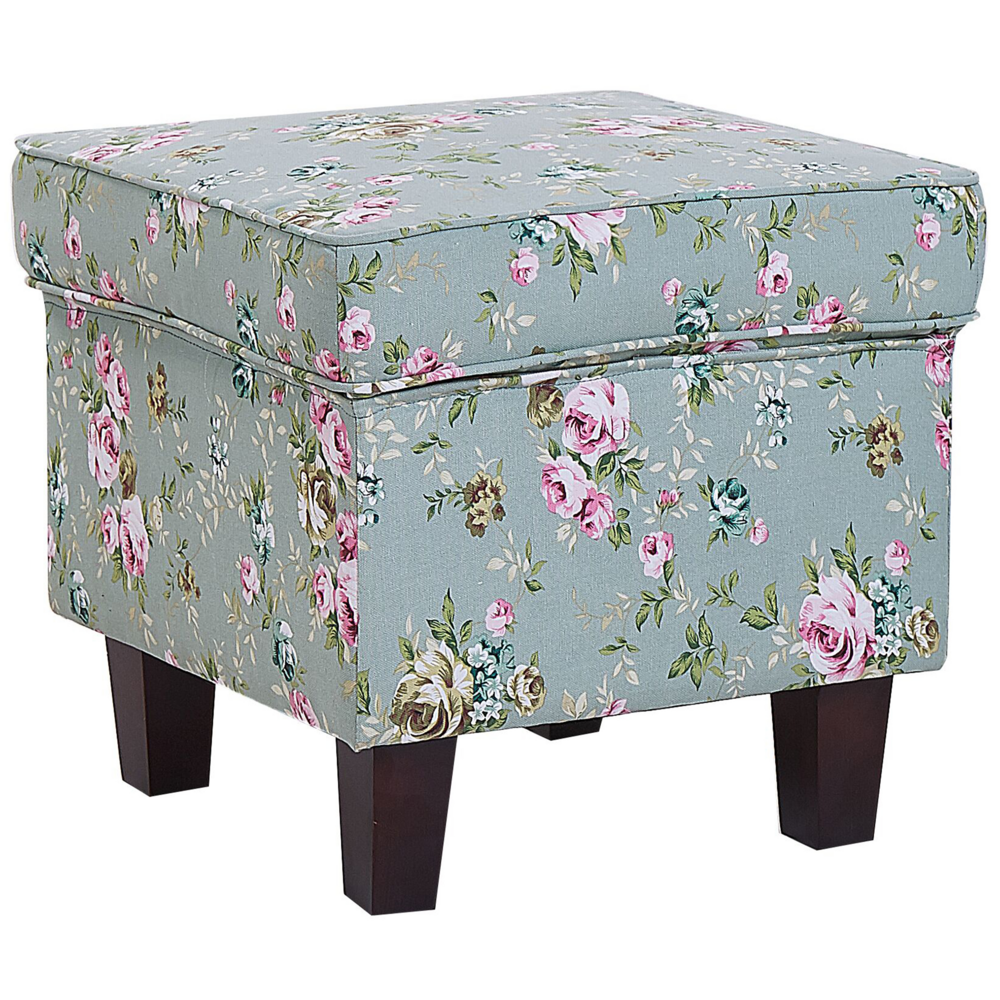 Poltrona con poggiapiedi in tessuto motivo floreale verde gambe in legno stile Wingback