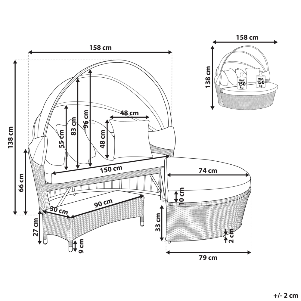 Lettino da giardino bianco e grigio finto rattan con cuscini Tavolino resistente alle intemperie