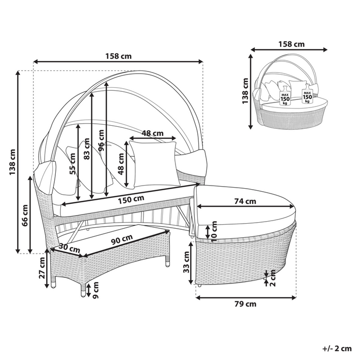 Lettino da giardino bianco e grigio finto rattan con cuscini Tavolino resistente alle intemperie