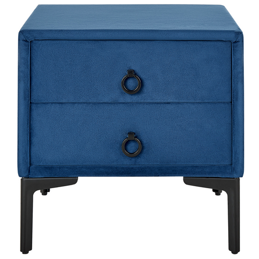 Comodino Velluto Blu Gambe in Metallo Nero con 2 Cassetti Contenitori 44x 38 cm Comodino