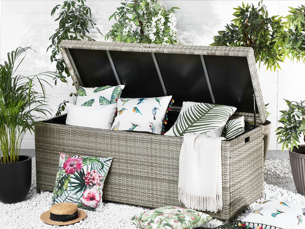 Cesta baule portaoggetti da esterno Cuscino da giardino in finto rattan grigio 158 x 63 cm