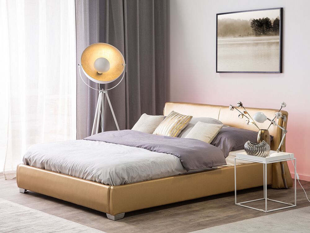 Letto matrimoniale 140 cm 6 con rete a doghe in pelle dorata contemporanea