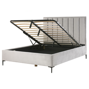 Letto in velluto grigio chiaro 160 x 200 cm con contenitore ottomana testiera imbottita gambe in metallo Nero