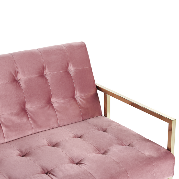 Divano letto con struttura in metallo dorato trapuntato in velluto rosa tappezzeria in stile retrò soggiorno