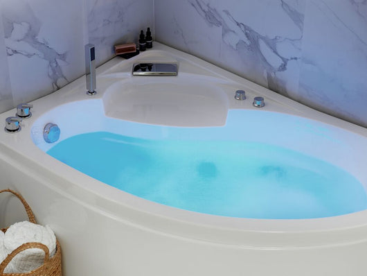 Vasca Idromassaggio ad Angolo versione destra in Acrilico Bianco con Luci LED Soffione Doccia Idromassaggio Poggiatesta