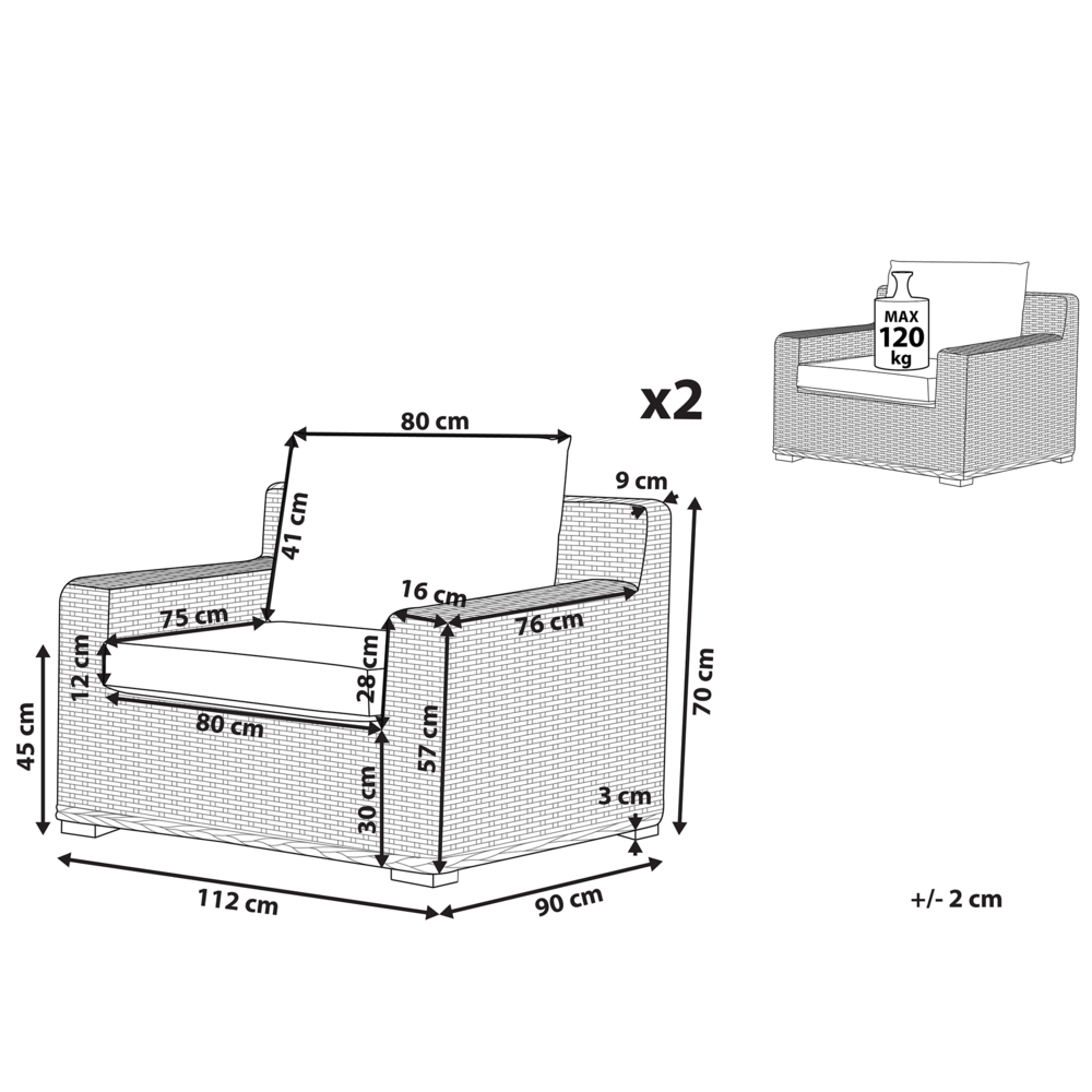 Set di 2 poltrone da giardino in vimini rattan marrone chiaro Set 2 sedie da esterno con cuscini bianchi