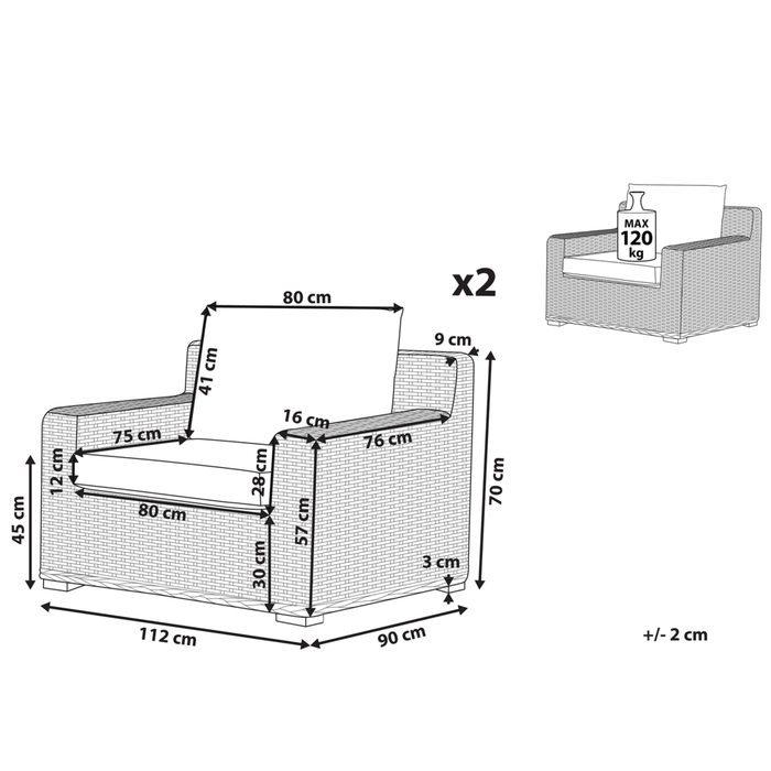 Set di 2 poltrone da giardino in vimini rattan marrone chiaro Set 2 sedie da esterno con cuscini bianchi
